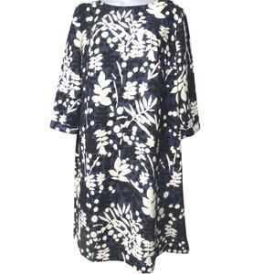 Boden Leaf Print Rachel Shift Dress US Size 10 Tall Blue Black Cream 3/4 Sleeves